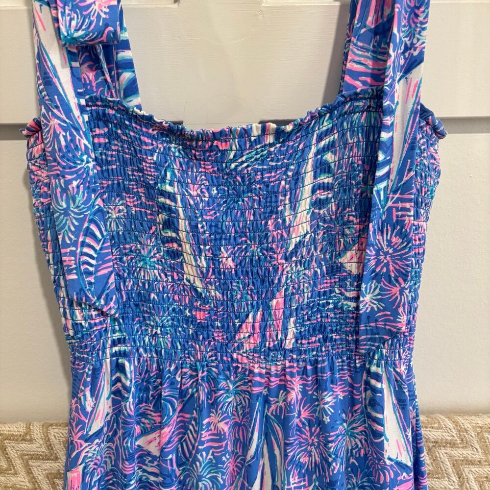 Lilly Pulitzer Kailua Smocked Shoulder Tie Dress Boca Blue - Picture 2 of 11